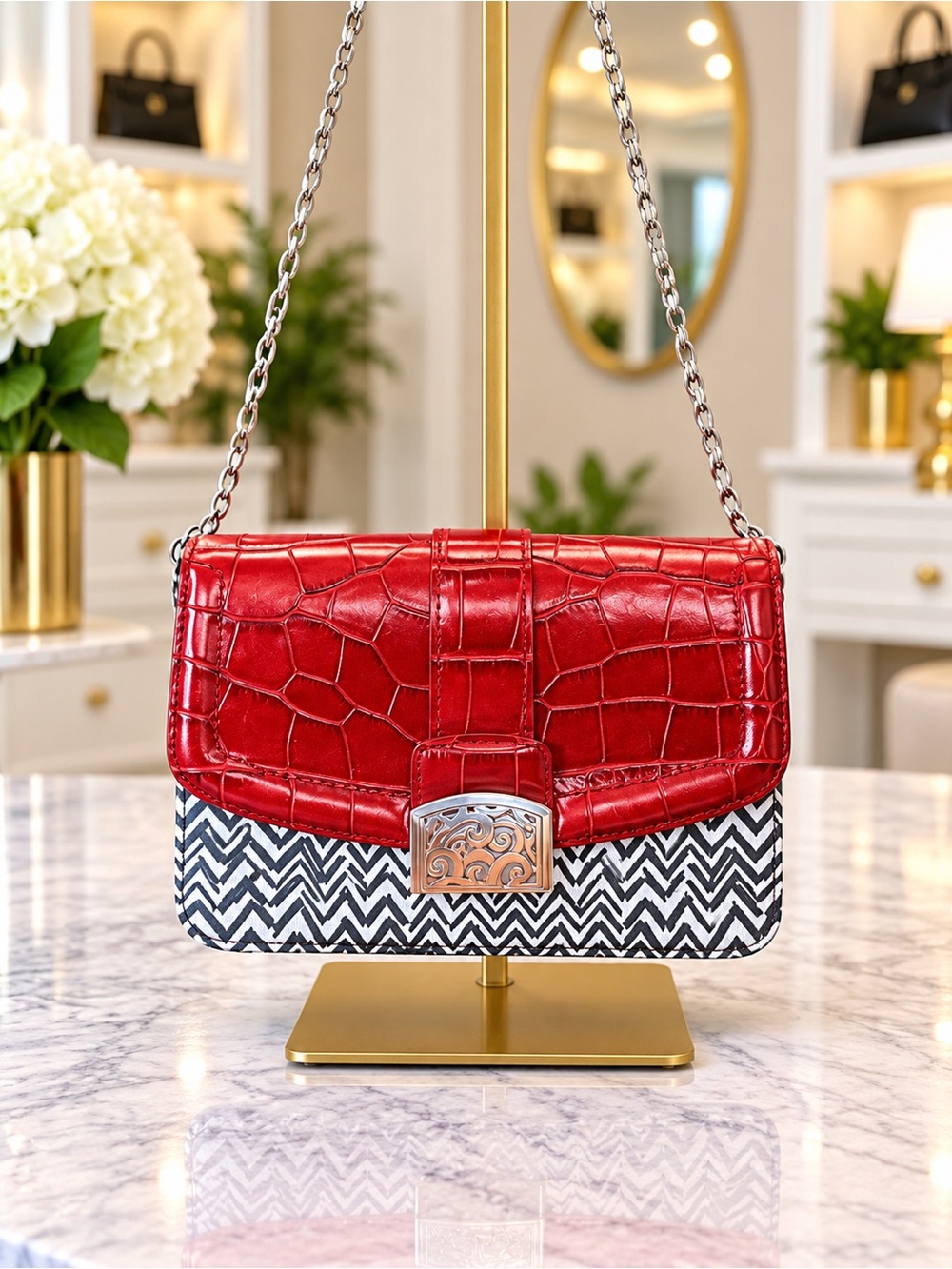 Brighton Red Croc-Embossed Shoulder Bag with Black & White Chevron